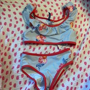 Joules Red Trim Striped Bikini